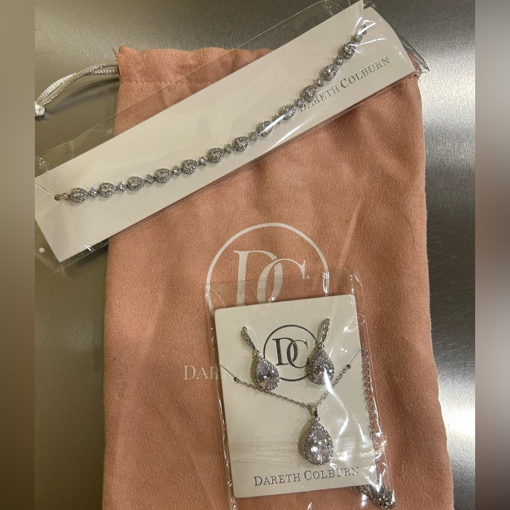 Dareth Colburn CZ Jewelry Set- Pear Shaped Halo- Earrings, Necklace & Bracelet